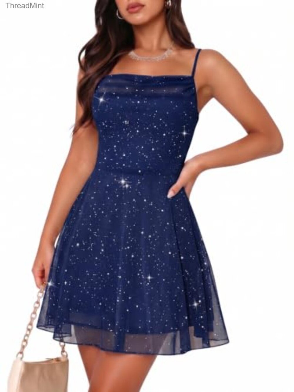 Sparkly Sequin Cowl Neck Spaghetti Strap A-Line Short Cocktail Dress